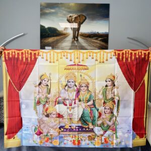 Festive party backdrop 100 x 150 cm with Ram Darbar artwork, marigold garlands and red drapes – Design 16